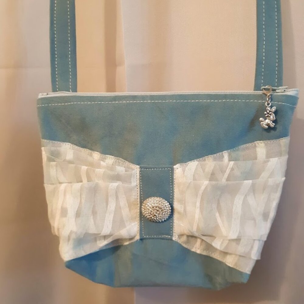 NEW Velvet texture Sueded Bow Accent Shoulder bag Purse Blue Cute Girlie Sling